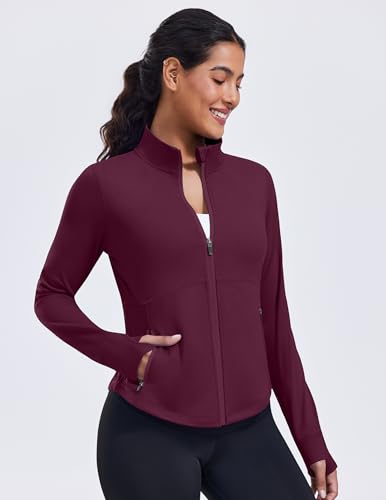 PINSPARK Women's Cropped Workout Jacket Lightweight Full Zip Running Jacket - color: Red Merlot, size: Small