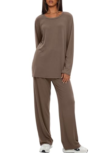 Darong Womens 2 Piece Fall Lounge Sets Oversized Tops Wide Leg Pants - color: Khaki, size: Large