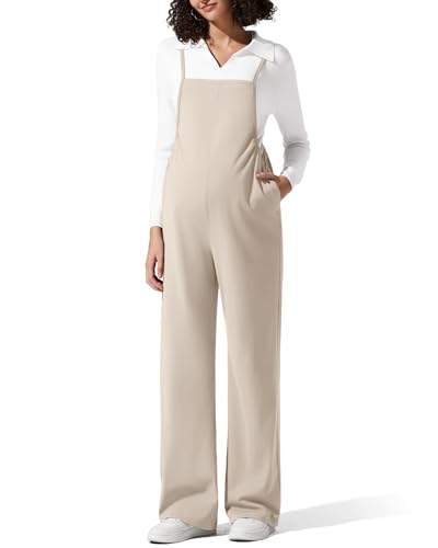G4Free Maternity Jumpsuits Adjustable Strap Wide Leg Pregnancy Rompers - color: Light Khaki, size: Small