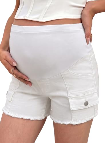 BLENCOT Maternity Denim Cargo Shorts Over Belly Soft Stretch Frayed - color: White, size: Large