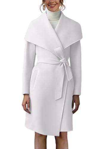 Cicy Bell Women's Pea Trench Coat Lapel Collar Long Jacket Open Front Belted Overcoat with Pockets - color: White, size: Medium