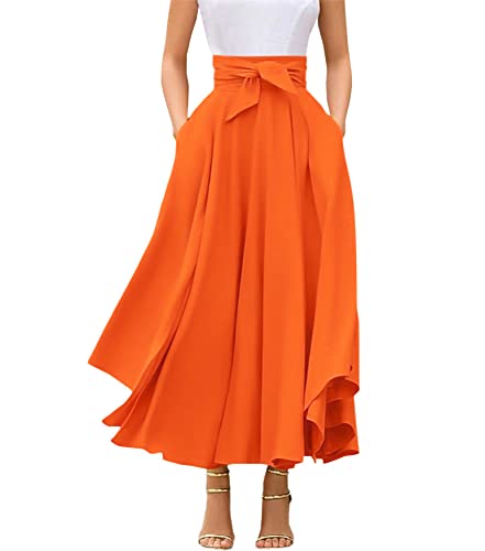 chouyatou Women's Elegant High Waisted Side Slit Irregular Bohemian Maxi Skirt with Pockets - color: Orange, size: X-Small
