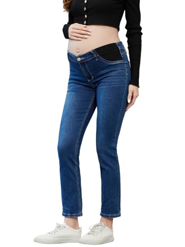 Women's Maternity Jeans Slim Side Stretchy Straight Leg Pregnancy Petite Denim Pants with Pockets - color: Dark Blue, size: Small