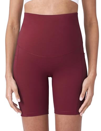 POSHDIVAH Maternity Biker Shorts Over the Belly with Pockets 5"/8" - color: Wine Red, size: Medium