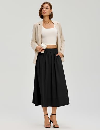 LOMON Midi Skirts for Women with Pockets A-Line Cotton Flowy Elastic Waist - color: Black, size: Small
