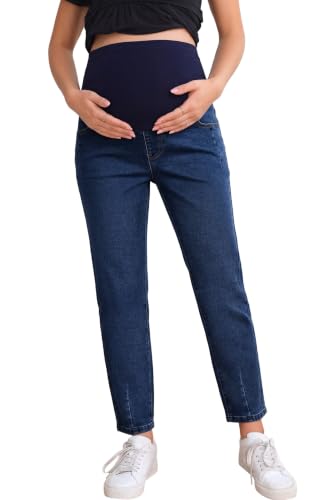 BLENCOT Maternity Jeans Over Belly Straight Leg High Waist Pregnancy Pant - color: Sail Blue, size: Medium