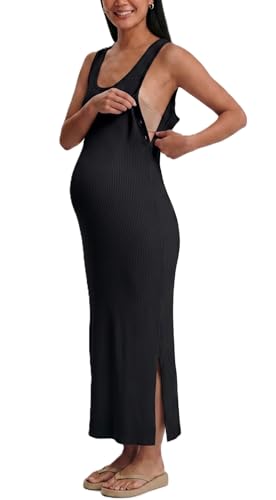 Womens 2026 Summer Maternity Nursing Dress, Rib Knit Split Midi Sleeveless Dress for Breastfeeding