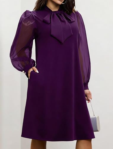 Ekaliy Women Bow Collar Shift A-Line Knee-Length Dress Church Cocktail Work - color: Purple, size: Medium