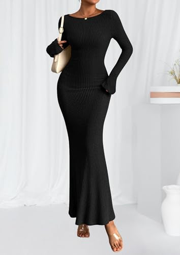 PRETTYGARDEN Women's Fall Long Sleeve Bodycon Maxi Dresses - color: Black, size: Small