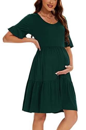 Smallshow Women's Maternity Dress Ruffle Short Sleeve Pregnancy Clothes - color: Deep Green, size: Medium