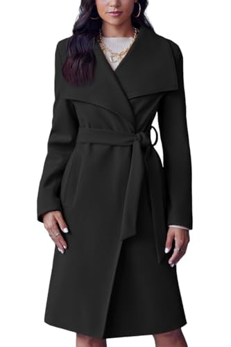 Cicy Bell Women's Pea Trench Coat Lapel Collar Long Jacket Open Front Belted Overcoat with Pockets - color: Black, size: Large