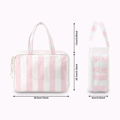 Toiletry Bag for Women, White and Pink Stripe - color: Pink-White