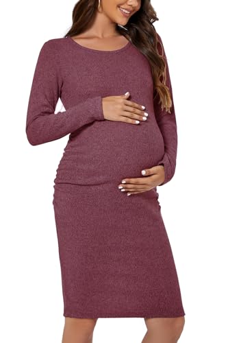 Smallshow Women's Knit Maternity Dress Long Sleeve Pregnancy Clothes - color: Maroon, size: X-Large