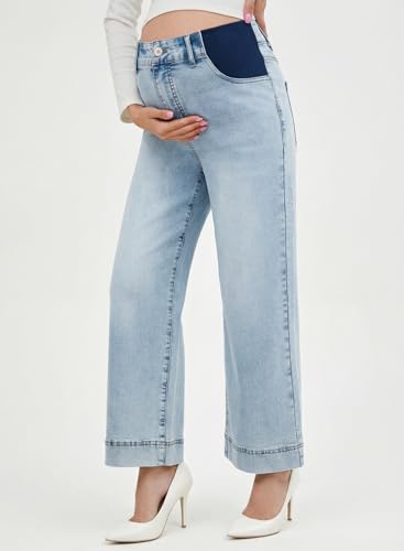 BLENCOT Women's Maternity Jeans High Waisted Wide Leg Pregnancy Pants - color: Light Blue, size: XX-Large