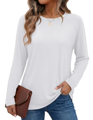 YUCOLEN Women's Long Sleeve Shirts Crew Neck Casual Cotton Basic Tee - color: White, size: XX-Large