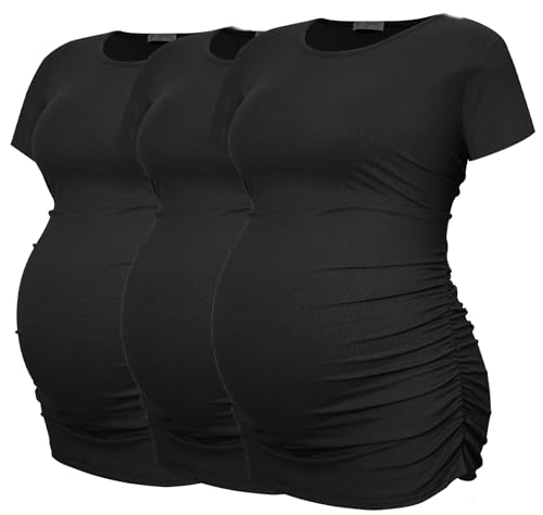 Smallshow Women's Ribbed Ruched Maternity Shirts 3 Packs - color: Black-black-black(3 Pack), size: Small