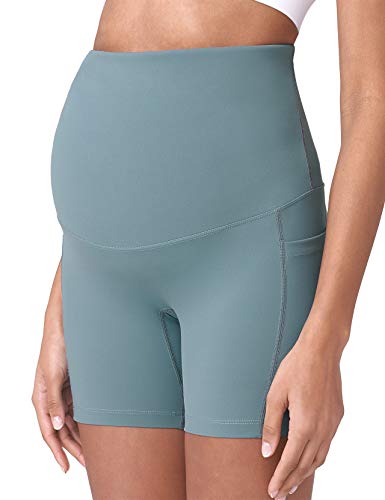 POSHDIVAH Maternity Biker Shorts Over the Belly with Pockets 5"/8" - color: Light Green, size: Medium