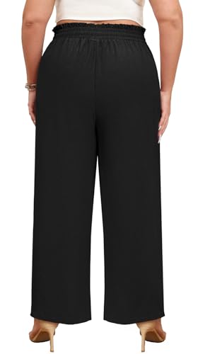 Lastshe Women's Plus Size Wide Leg Pants Elastic High Waist Hide Drawstring Loose Work Pants Palazzo Trousers with Pockets - color: 01 Black, size: 4X