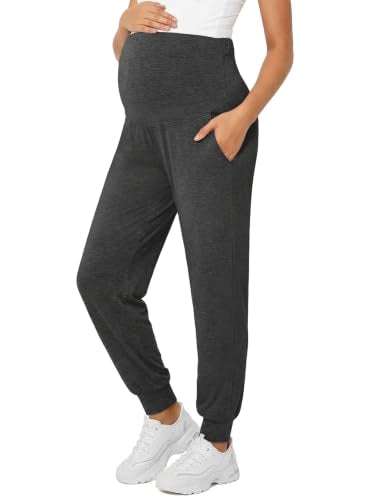 Summer Mae Viscose Maternity Jogger Pants Pregnancy Lounge Pant with Pocket - color: Grey, size: Large