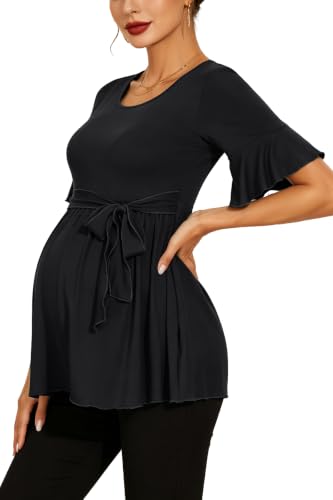Women's Ruffle Maternity Tops Short Sleeve Wrap Tie Front Shirts Pregnancy Clothes - color: Black, size: Medium