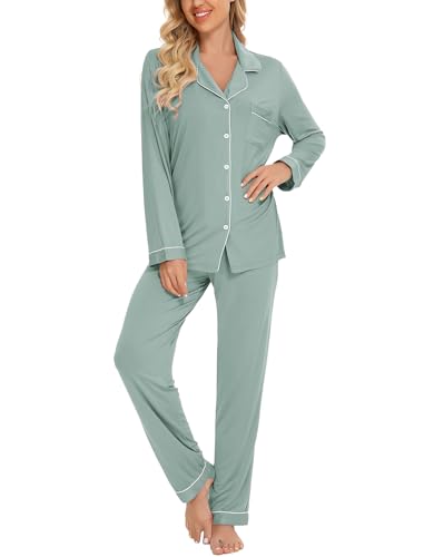 Leikar Button Up Pajamas For Women Long Sleeve Viscose Soft Pjs Lounge - color: Sage, size: Large