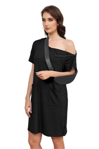 Women's Post Shoulder Surgery Tear Away Dress Short Sleeve Full Open Side Snap Adaptive Clothing with Pockets - color: Black, size: Large