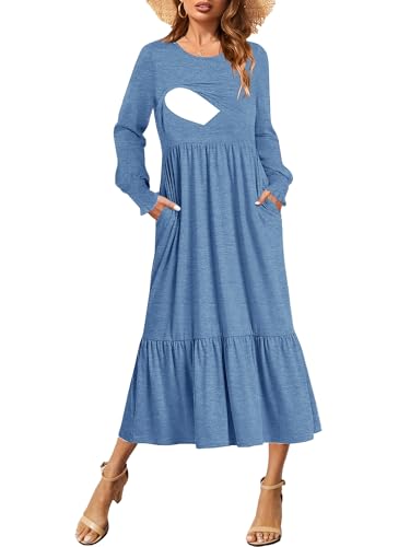 CzzzyL Women Nursing Dresses Crew Neck Fall Maternity Tiered with Pockets - color: Lightblue, size: Large
