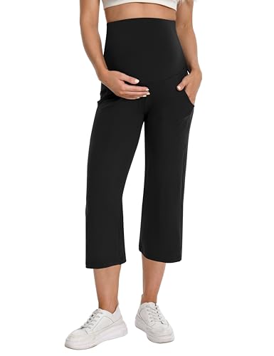 Foucome Maternity Capris Wide Leg Cropped Yoga Pants - color: Black, size: Medium