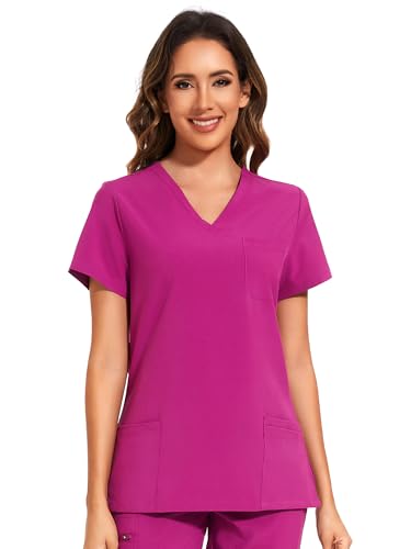 Scrubs Tops for Woman - Soft Stretch, V-Neck Tops - color: Azalea Pink, size: Medium