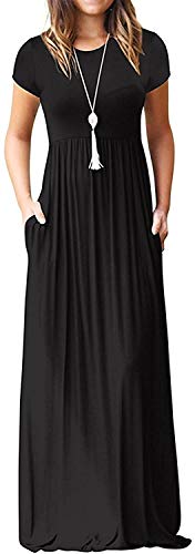 DEARCASE Maxi Dress for Women Short Sleeve Casual Summer Loose Plain Comfy Long Dresses with Pockets - color: 1-black, size: Medium
