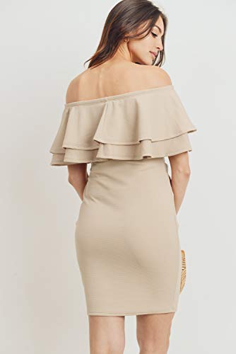 LaClef Women's Off Shoulder Maternity Dress with Double Ruffle - color: Taupe Solid, size: X-Large