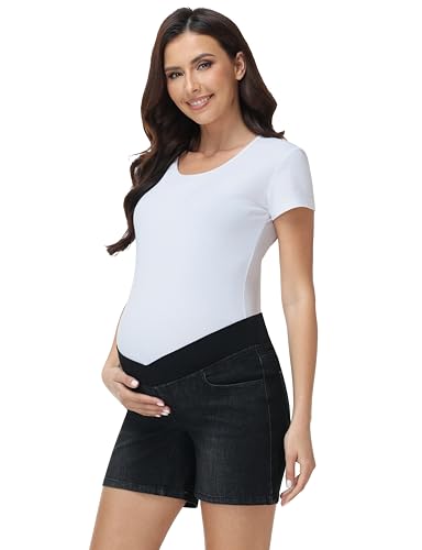 Foucome Women's Maternity Jean Shorts Under the Belly - color: Wash Black, size: X-Large