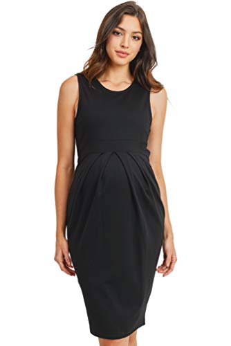 Womens Front Pleat Knee Length Midi Maternity Dress - color: Black, size: Medium
