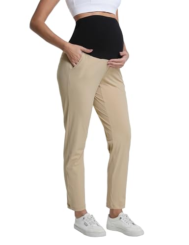 V VOCNI Maternity Pants Work Dress Pockets Ankle Pregnancy Scrub Pants - color: Khaki, size: X-Large