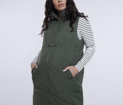 Motherhood Maternity Women's Sleeveless Long Pregnancy Puffer Vest with Pockets - color: Olive, size: Small