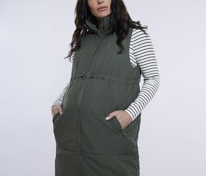 Motherhood Maternity Women's Sleeveless Long Pregnancy Puffer Vest with Pockets - color: Olive, size: Small
