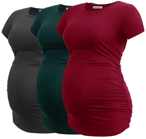 Smallshow Women's Side Ruched Tunic Maternity Shirts 3 Packs - color: Deep Green-deep Grey-wine(3 Pack), size: X-Large