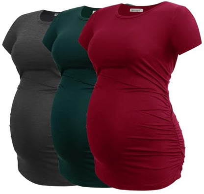 Smallshow Women's Side Ruched Tunic Maternity Shirts 3 Packs - color: Deep Green-deep Grey-wine(3 Pack), size: Medium