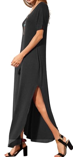 GRECERELLE Women's Summer Maxi Dress Casual Loose V Neck Short Sleeve Side Split Long Dresses with Functional Pockets - color: Dark Gray, size: X-Large