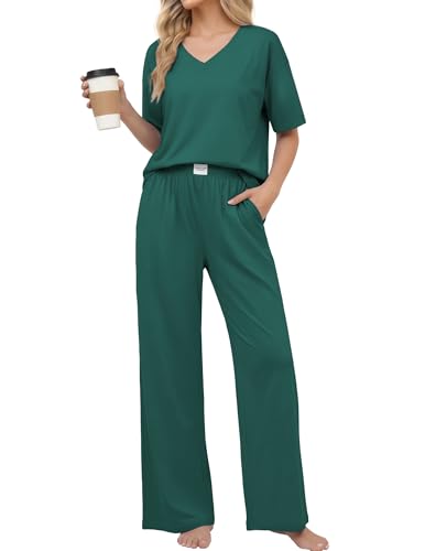 Ekouaer Womens Pajama Sets Cotton Short Sleeve Long Pants Lounge Set - color: Green, size: Medium