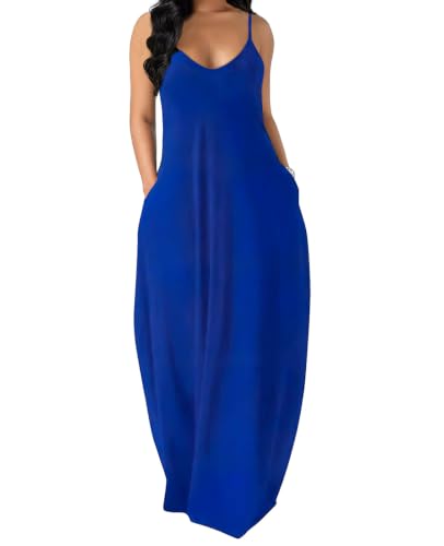 OFEEFAN Women's Maxi Dresses Summer Spaghetti Strap Dress with Pockets - color: Ac- Blue, size: Small