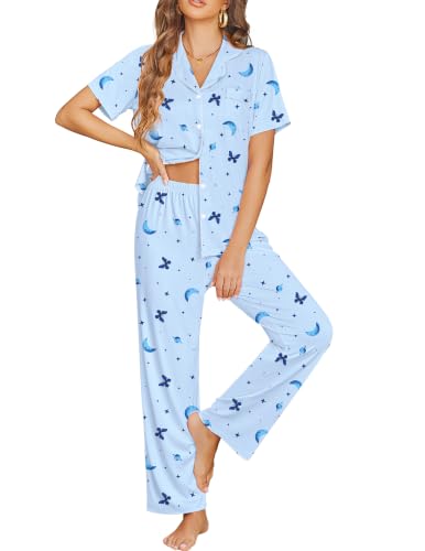 Ekouaer Womens Pajama Sets Button Down Lounge Sets 2 Piece Short Sleeve Pjs - color: Blue Galaxy, size: Small