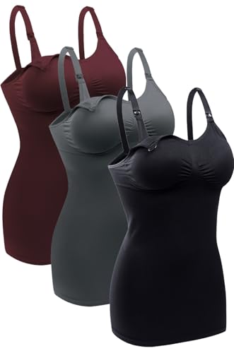 Womens Nursing Tank Tops Built in Bra for Breastfeeding Maternity Camisole Brasieres - color: Black/Dgrey/Wine, size: Medium