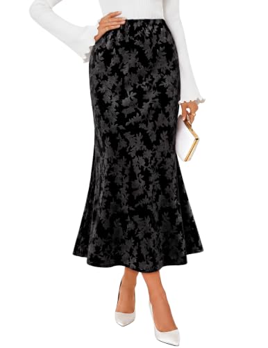 MEROKEETY Women's Fall Floral Velvet Maxi Skirt - color: Black, size: Medium