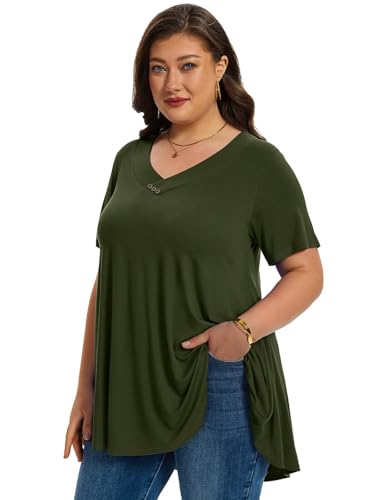 LARACE Plus Size Tops for Womens Button Down Tunics Shirts Summer Blouses - color: Armygreen, size: 5X