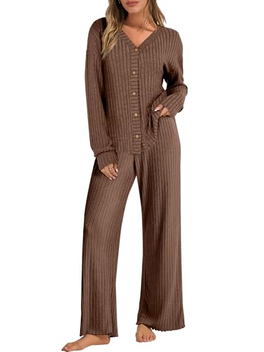 ANRABESS Womens Lounge Set 2 Piece Pajama Sets Ribbed Knit Matching Set - color: Brown, size: Medium