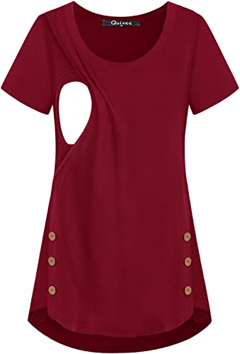 Quinee Women's Casual Button Side Nursing Tops Maternity Breastfeeding Tunic - color: Wine Red, size: Large