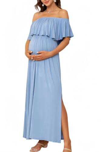 Off Shoulder Ruffle Sleeve Maternity Maxi Dress Side Slit - color: Light Blue, size: Medium