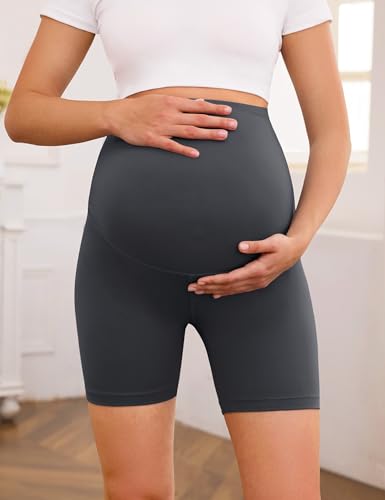 VALANDY Creamlush 4 Pack Comfy Maternity Biker Shorts Over the Belly 5" - color: 4 Packs - Black/Dark Grey/Navy Blue/Wine Red, size: Medium