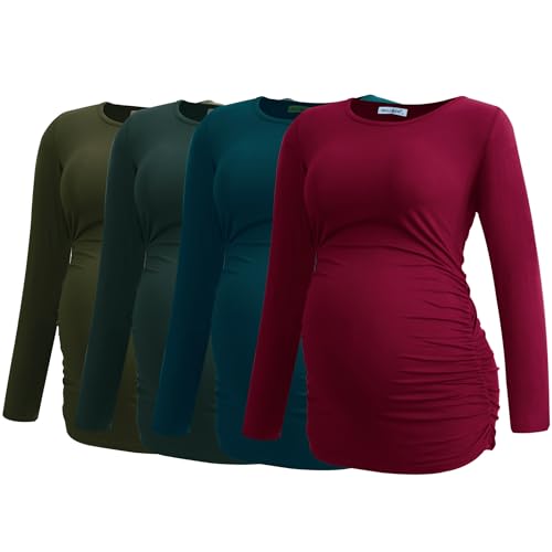 Smallshow Women's 4 Pack Maternity Shirts Long Sleeve - color: Army Green-deep Green-teal-maroon(4 Pack), size: Large
